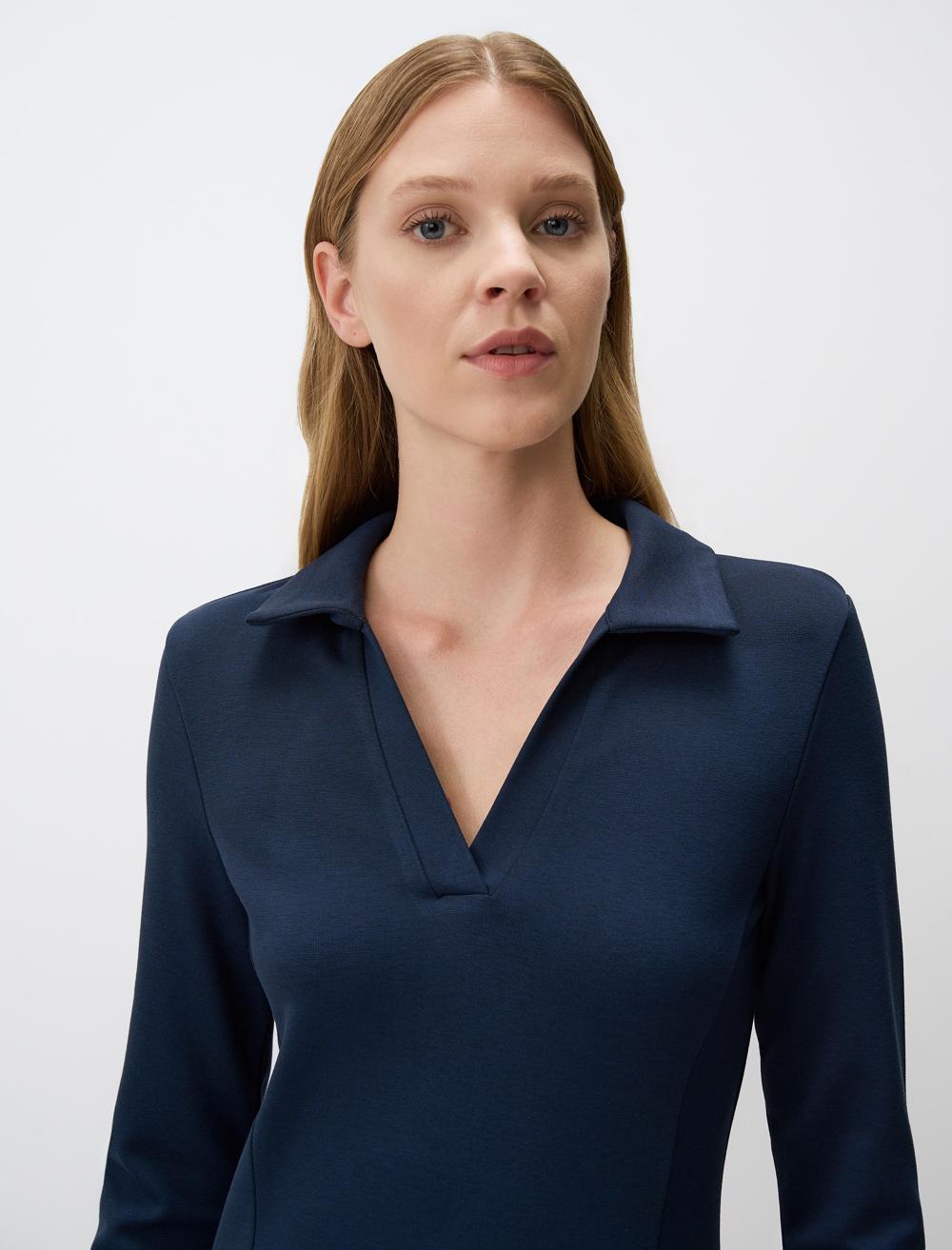 Polo Collar Long Sleeve Midi Dress