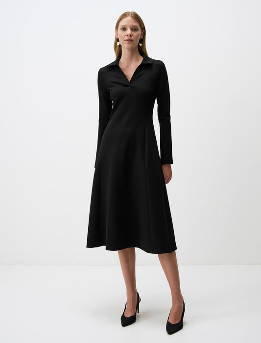Polo Collar Long Sleeve Midi Dress