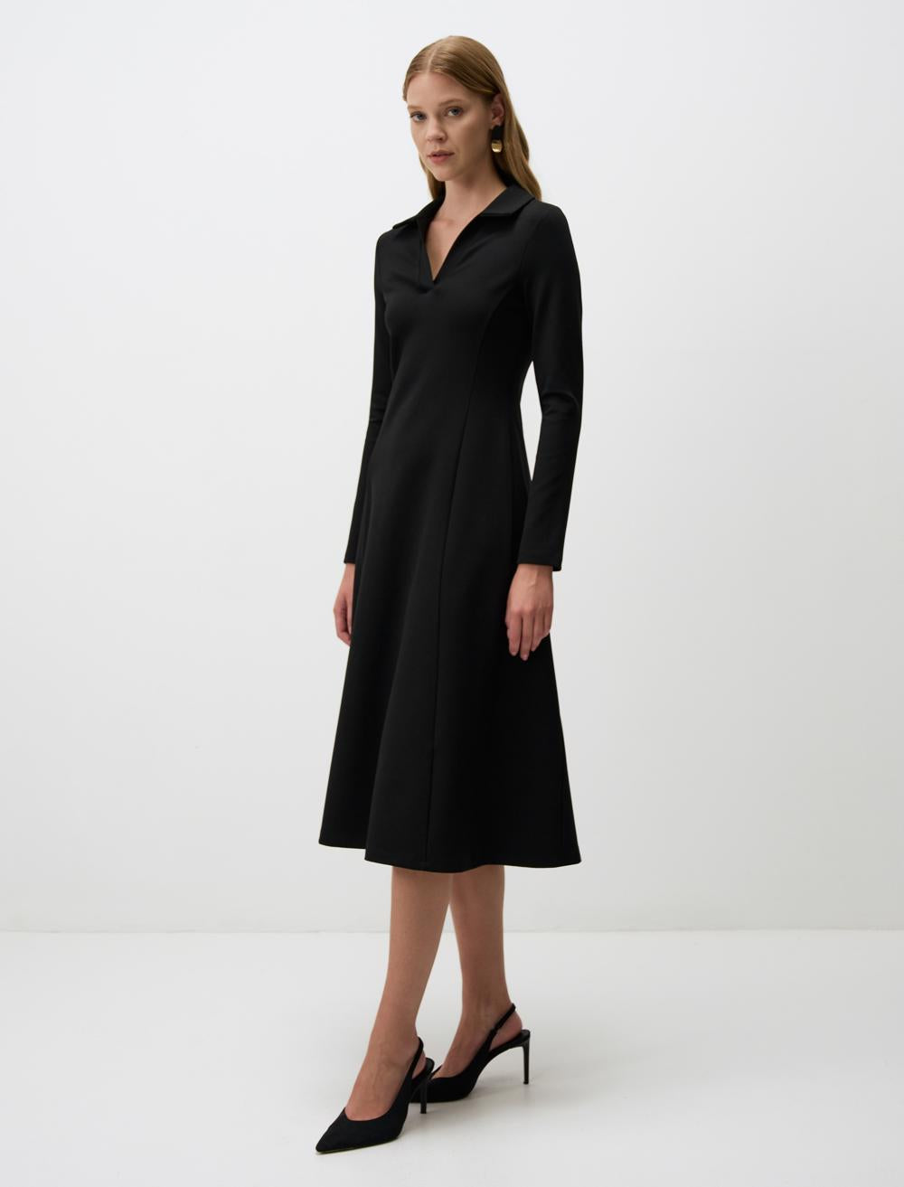 Polo Collar Long Sleeve Midi Dress