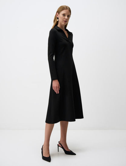 Polo Collar Long Sleeve Midi Dress
