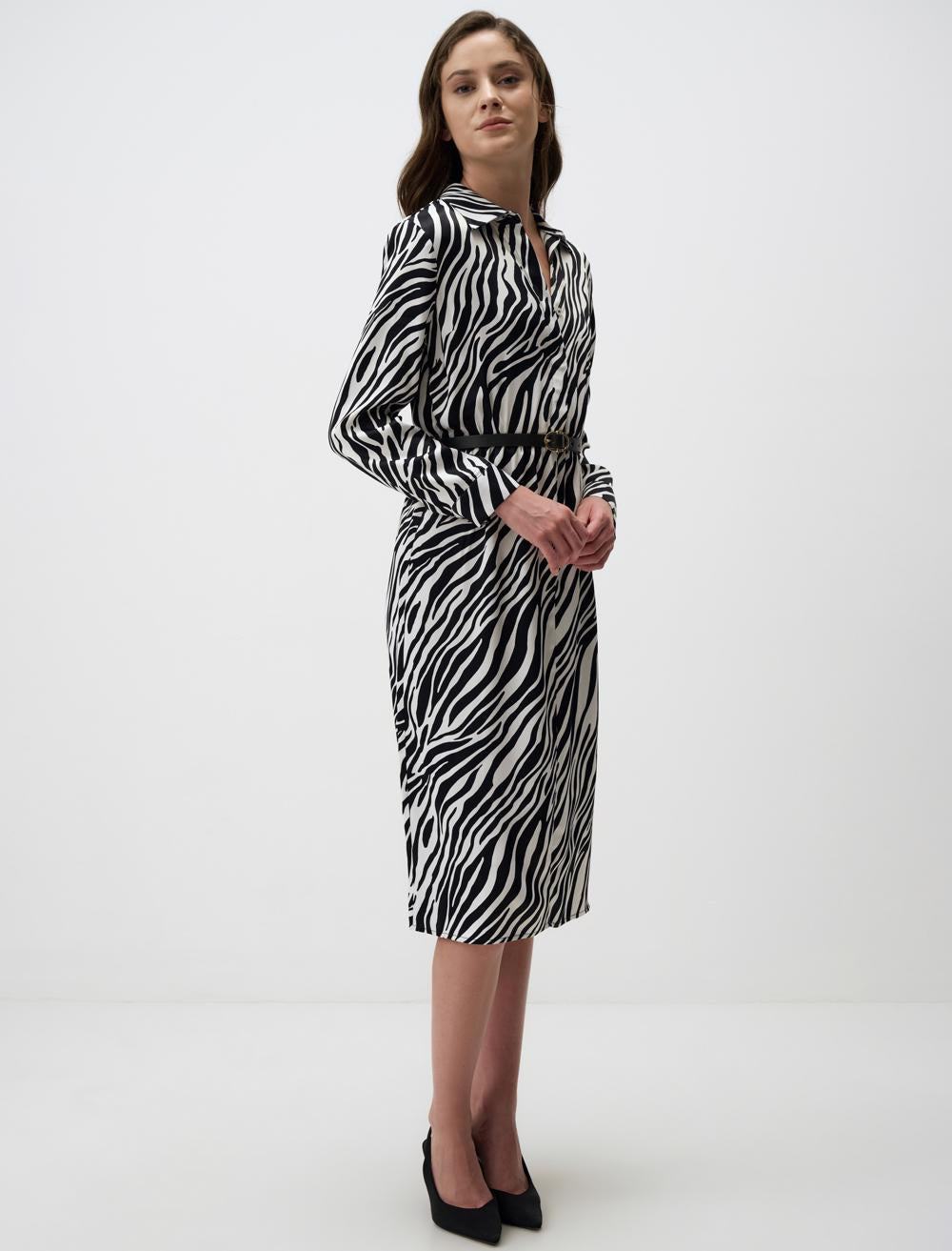 Shirt Collar Long Sleeve Satin Midi Dress