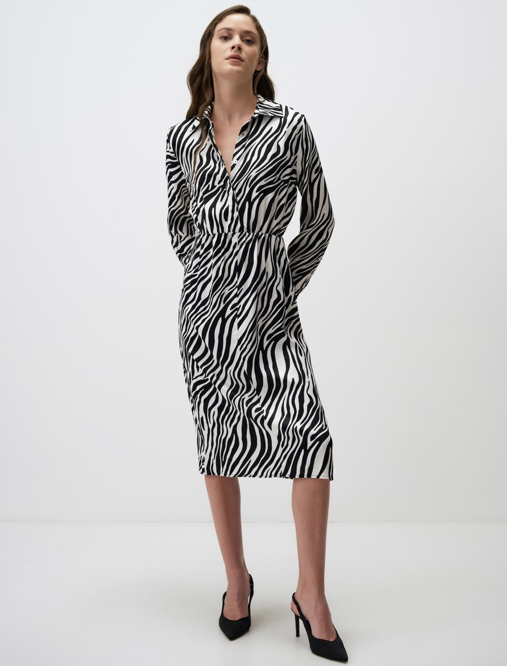 Shirt Collar Long Sleeve Satin Midi Dress