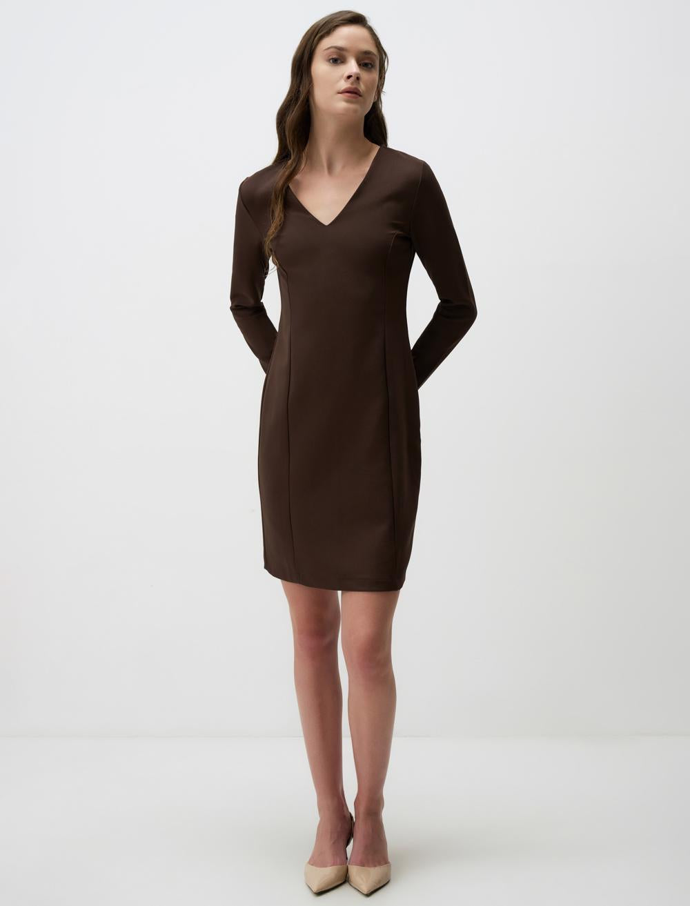 V-Neck Long-Sleeve Dress - Brown - 4WW131435800