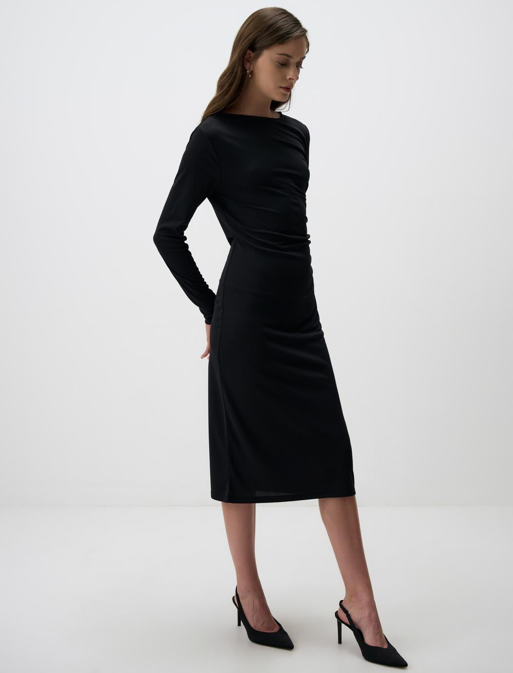 Black Long Sleeve Midi Bodycon Dress - 4WW131592900