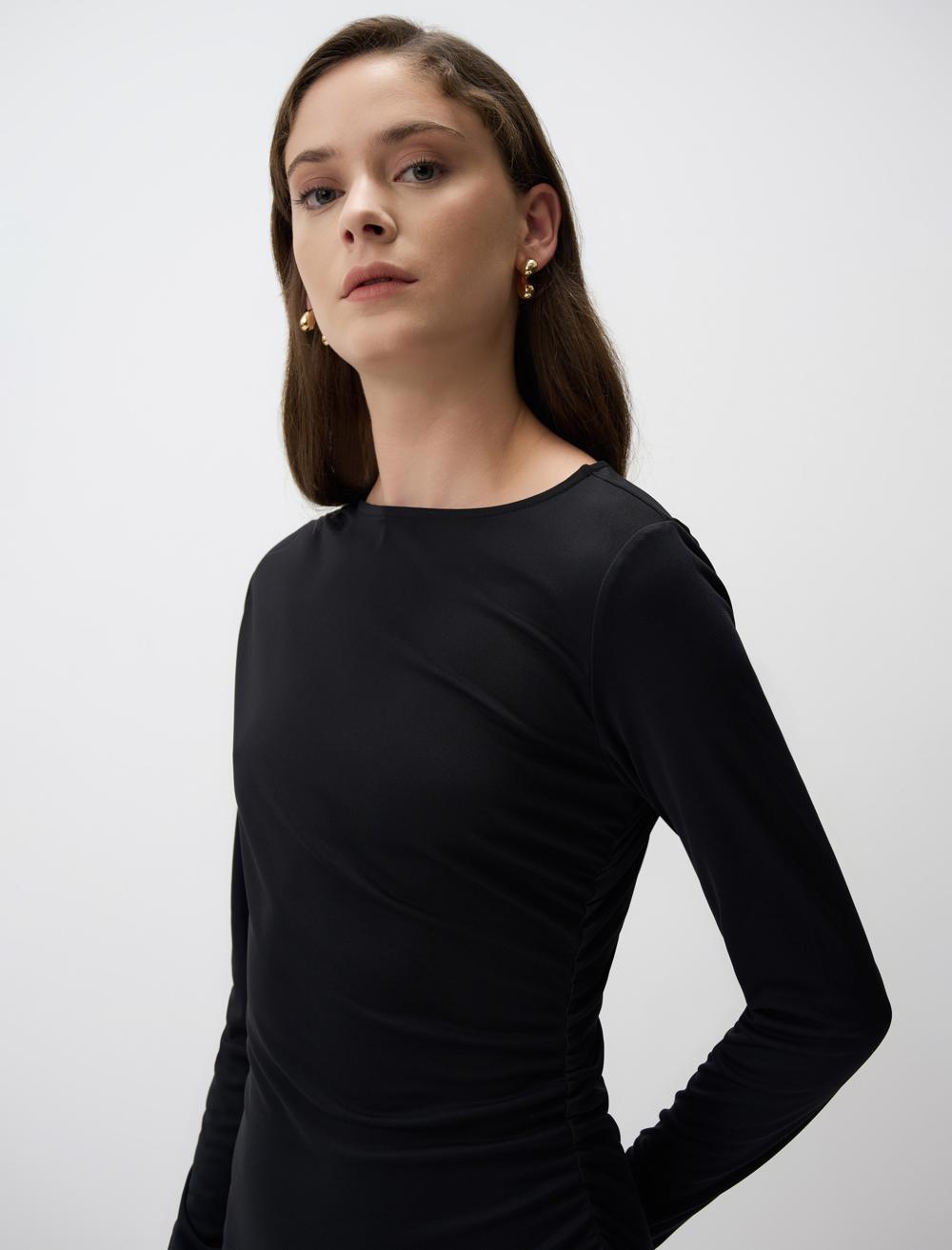 Black Long Sleeve Midi Bodycon Dress - 4WW131592900