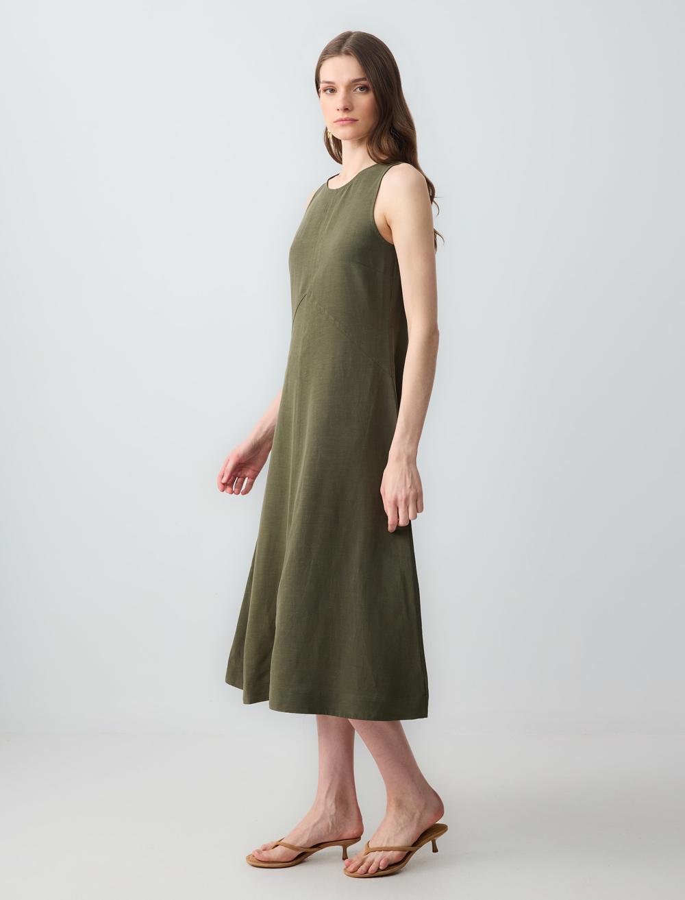Loose Fit Crew Neck Sleeveless-Sleeve Dress - Khaki - 5SW062688310