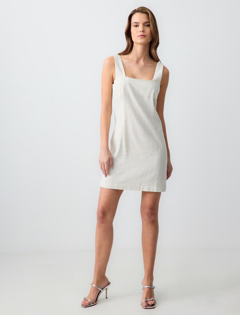 Square Neck Sleeveless-Sleeve Dress - Stone - 5SW063198928