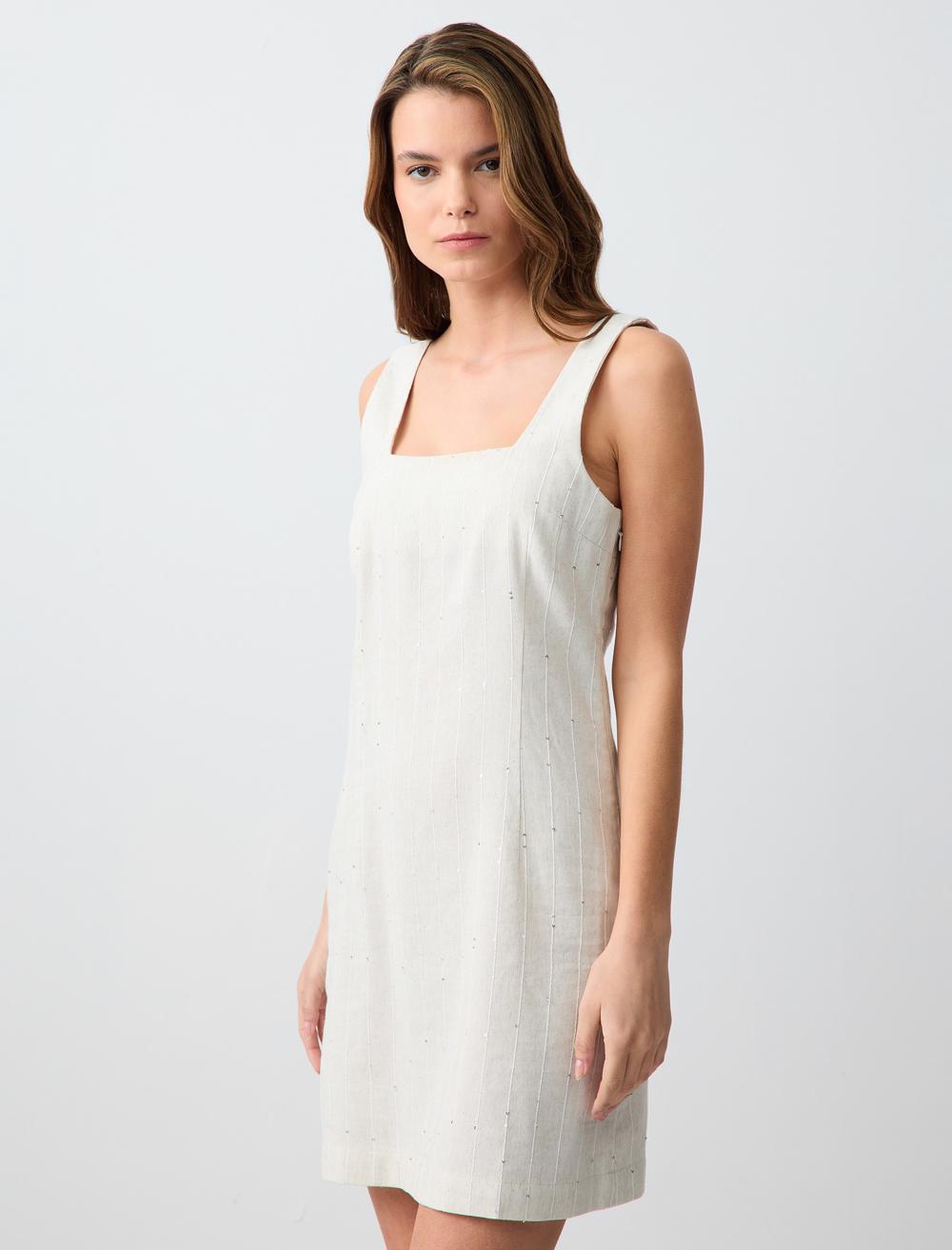 Square Neck Sleeveless-Sleeve Dress - Stone - 5SW063198928