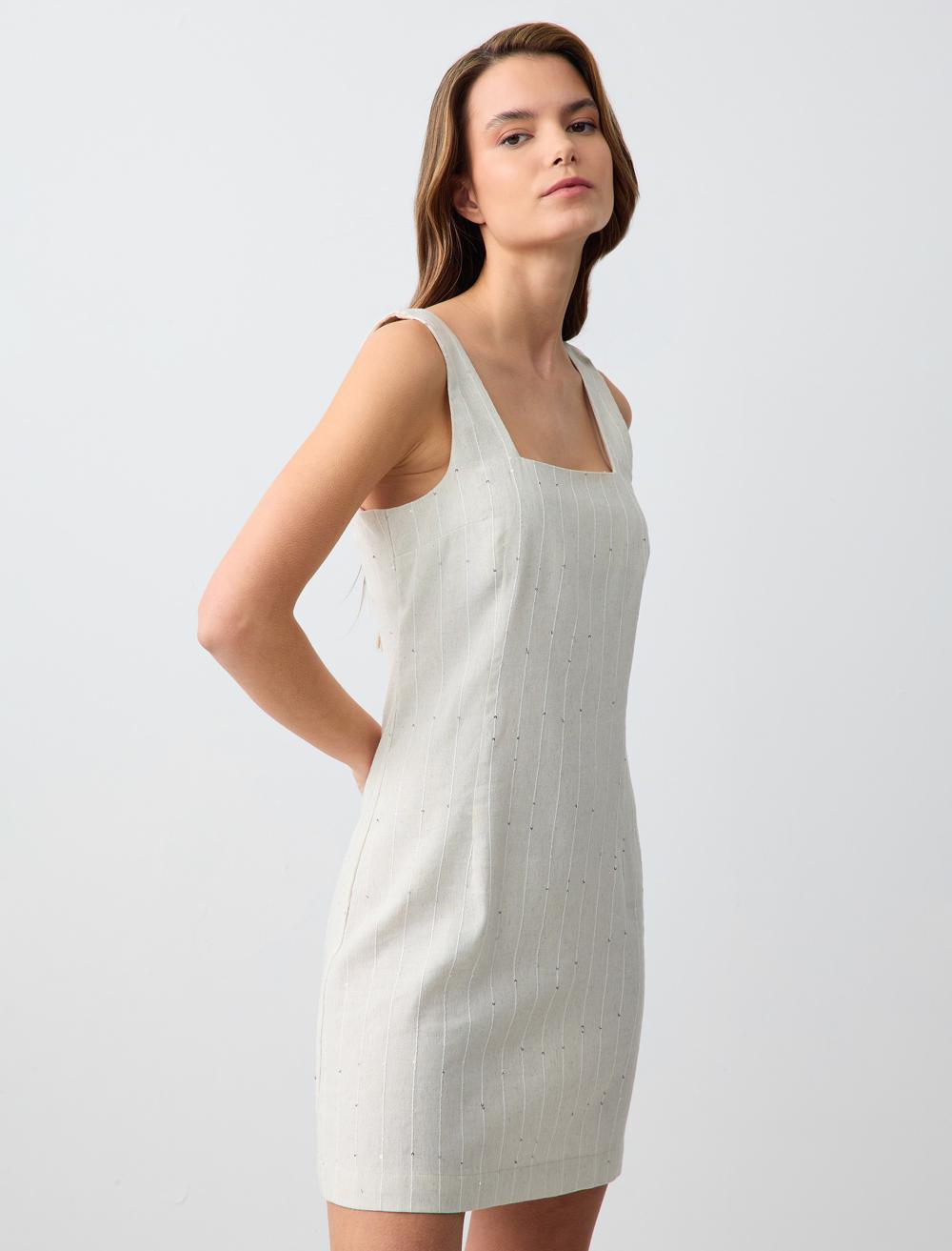 Square Neck Sleeveless-Sleeve Dress - Stone - 5SW063198928