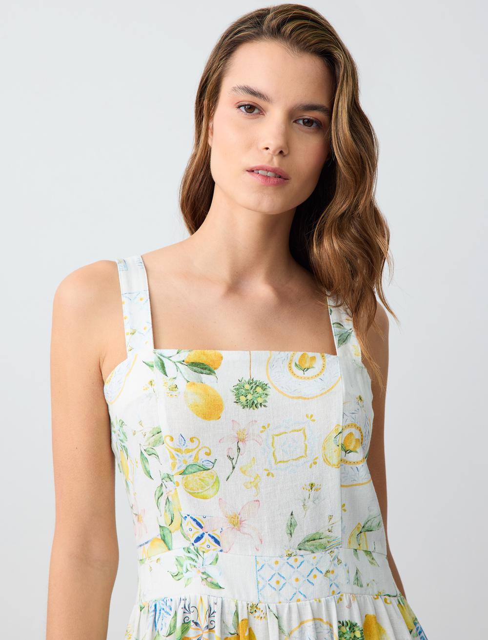 Square Neck Spaghetti Straps-Sleeve Dress - Yellow - 5SW063200200