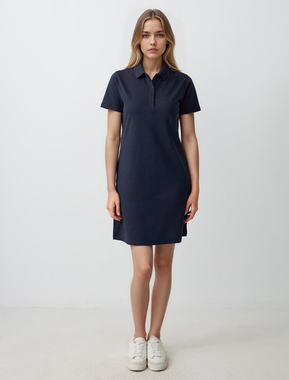 Shirt Collar Short-Sleeve Dress - Dark Blue - 5SW063876494