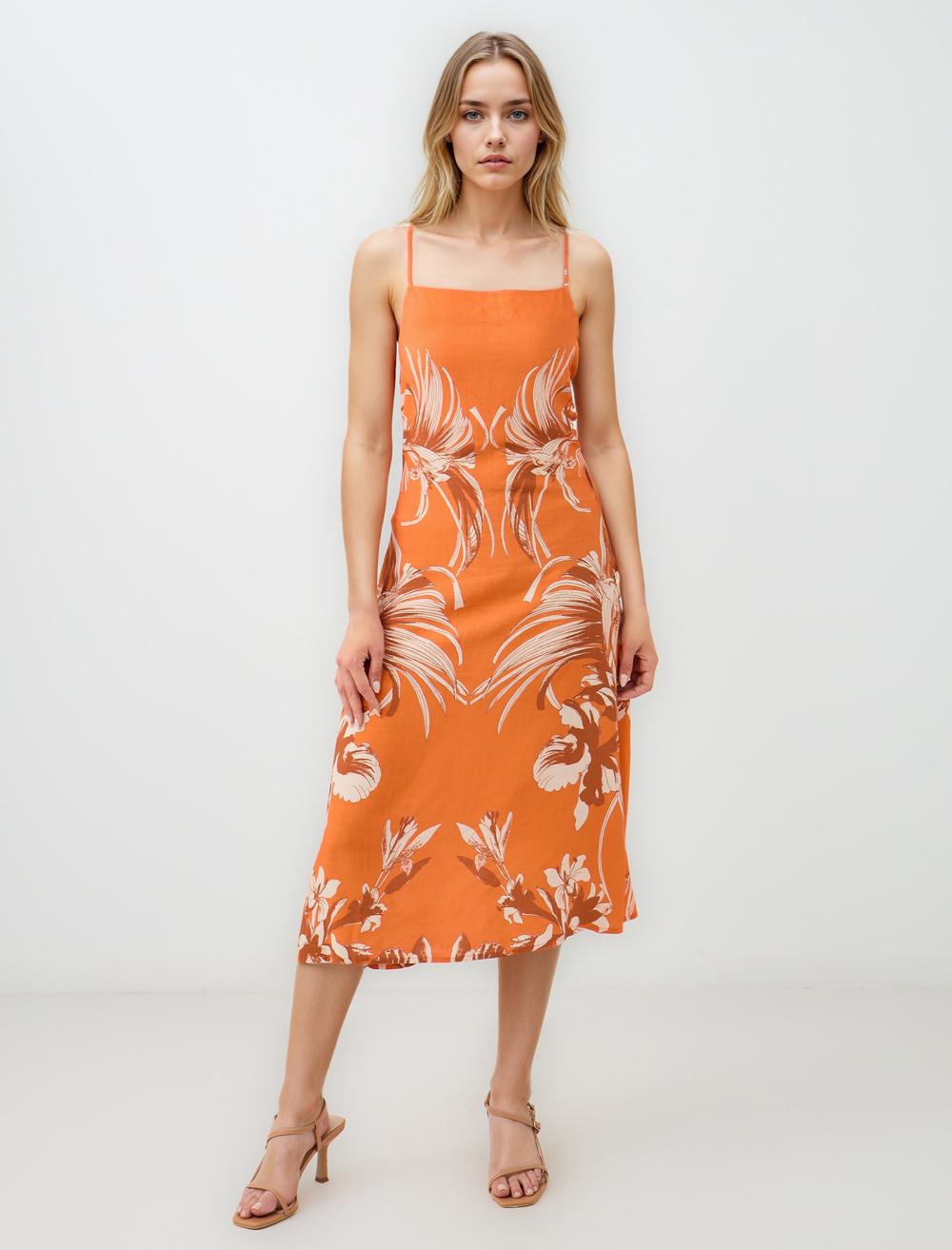 Slim Fit Spaghetti Straps-Sleeve Dress - Orange - 5SW064417700