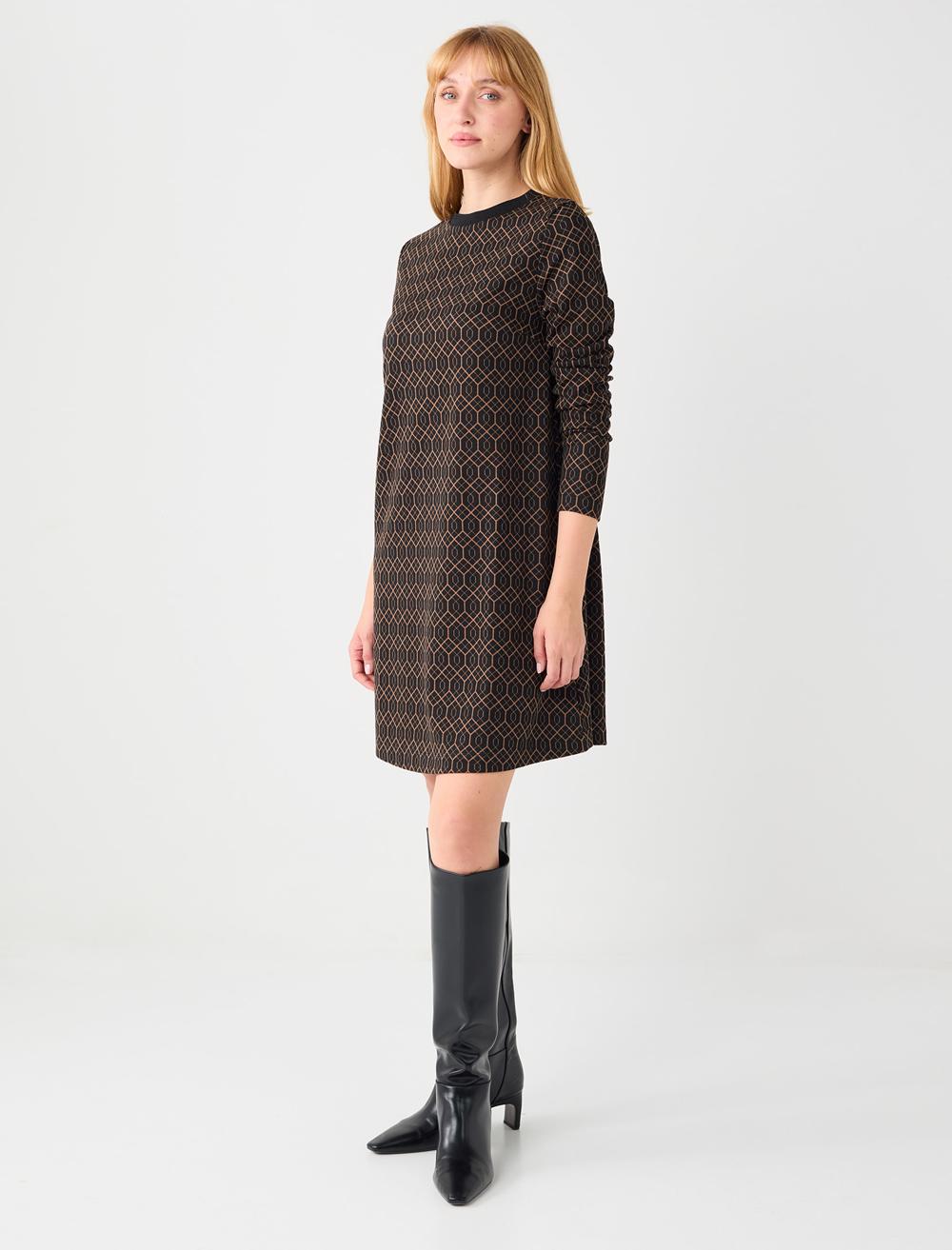 Crew Neck Long-Sleeve Dress - Black - 5WW062258900