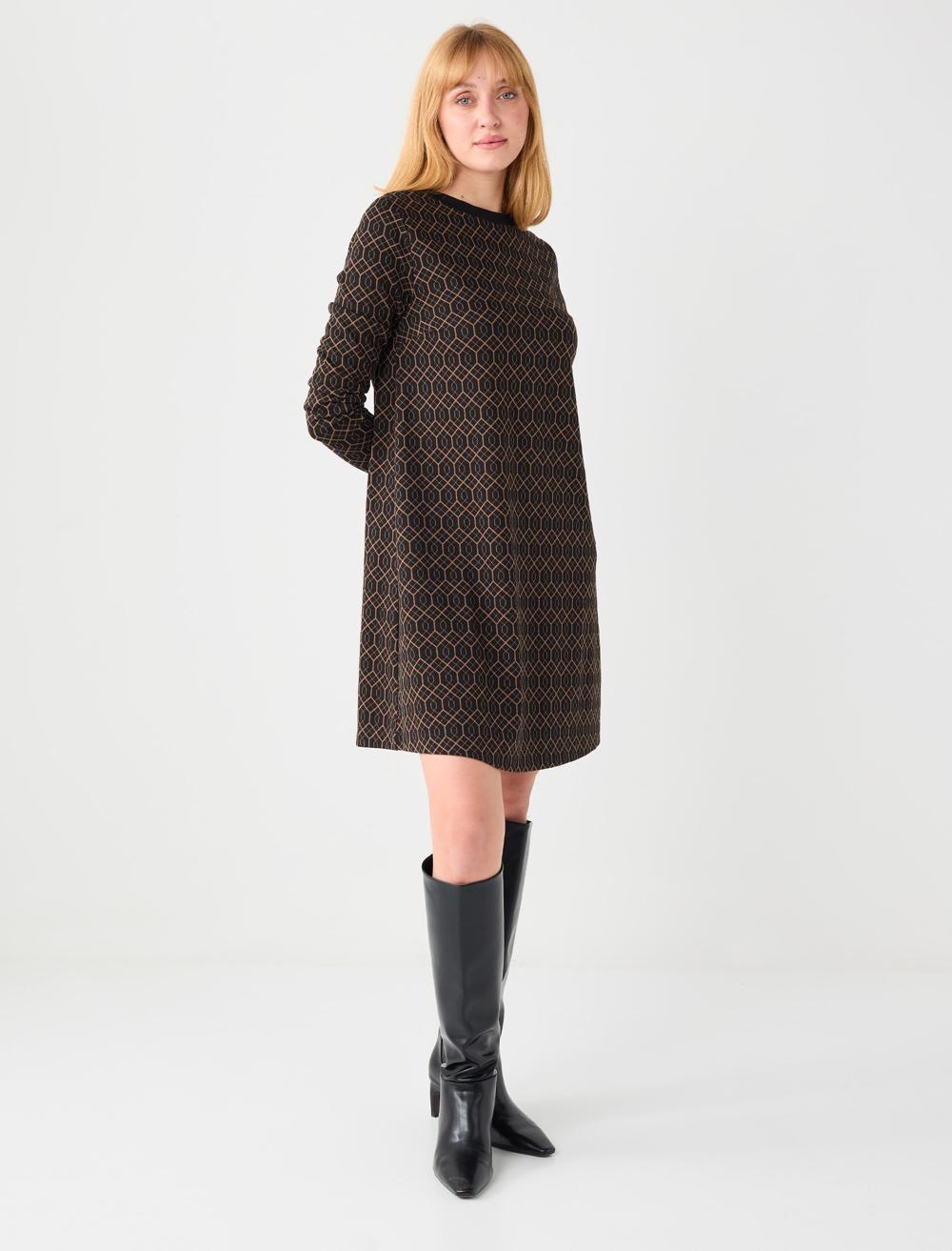 Crew Neck Long-Sleeve Dress - Black - 5WW062258900