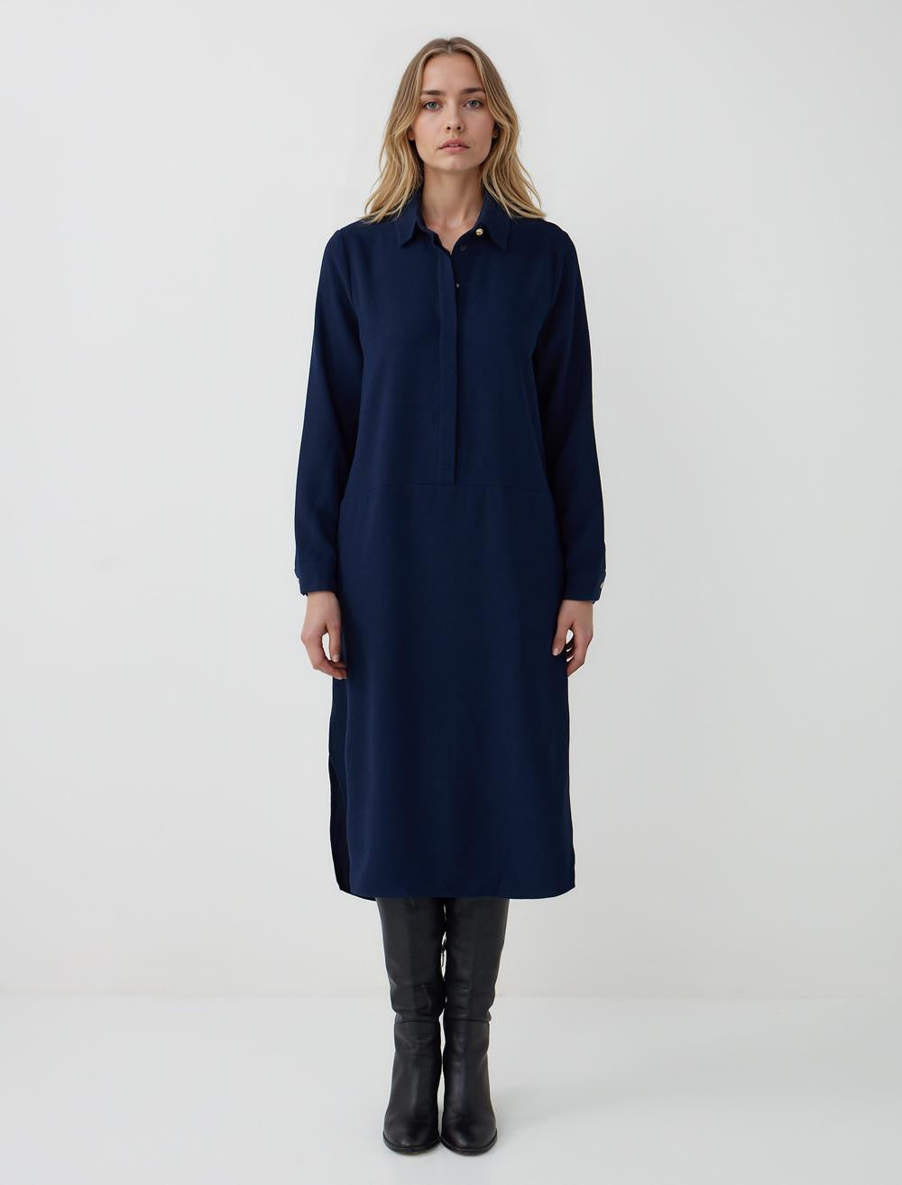 Loose Fit Shirt Collar Long-Sleeve Dress - Dark Blue - 5WW065214494