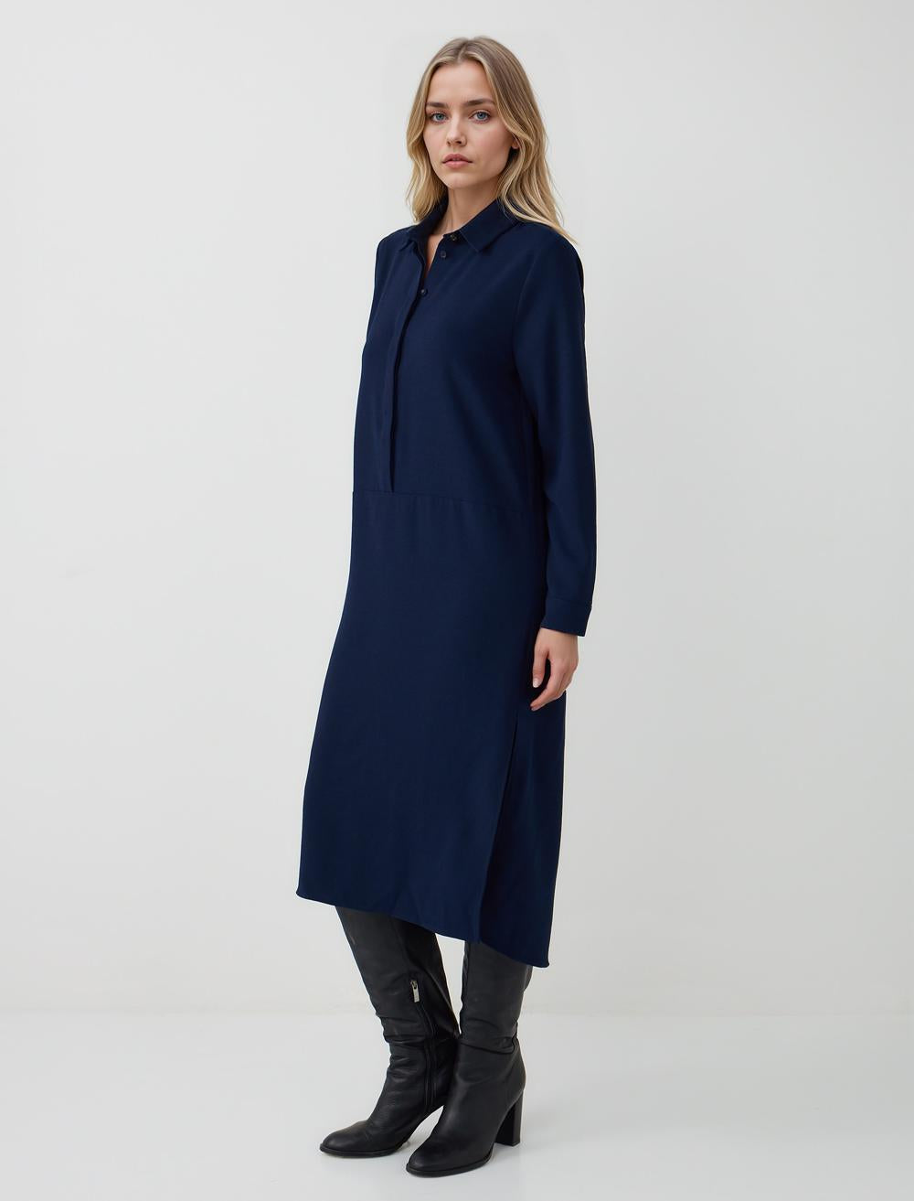 Loose Fit Shirt Collar Long-Sleeve Dress - Dark Blue - 5WW065214494