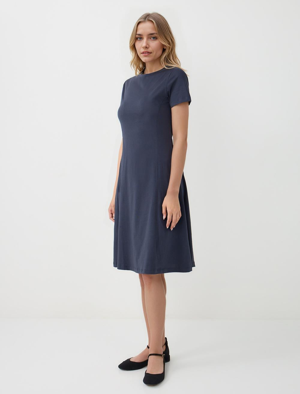 Slim Fit Off-The-Shoulder Sleeveless-Sleeve Dress - Dark Blue - 5WW065557494