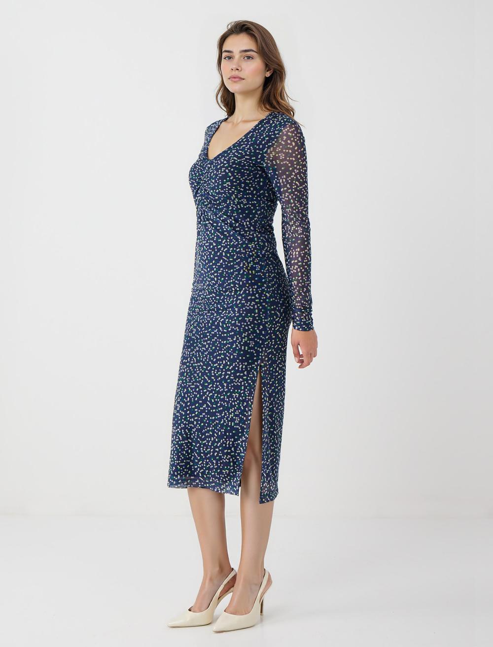 Slim Fit V-Neck Long-Sleeve Dress - Dark Blue - 5WW065793427