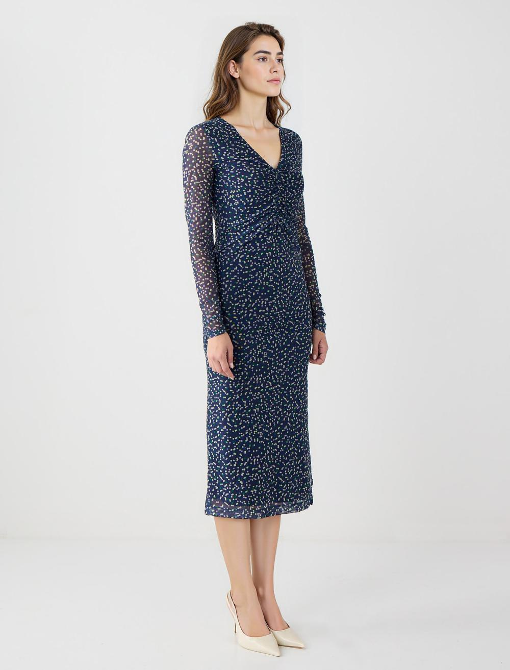 Slim Fit V-Neck Long-Sleeve Dress - Dark Blue - 5WW065793427