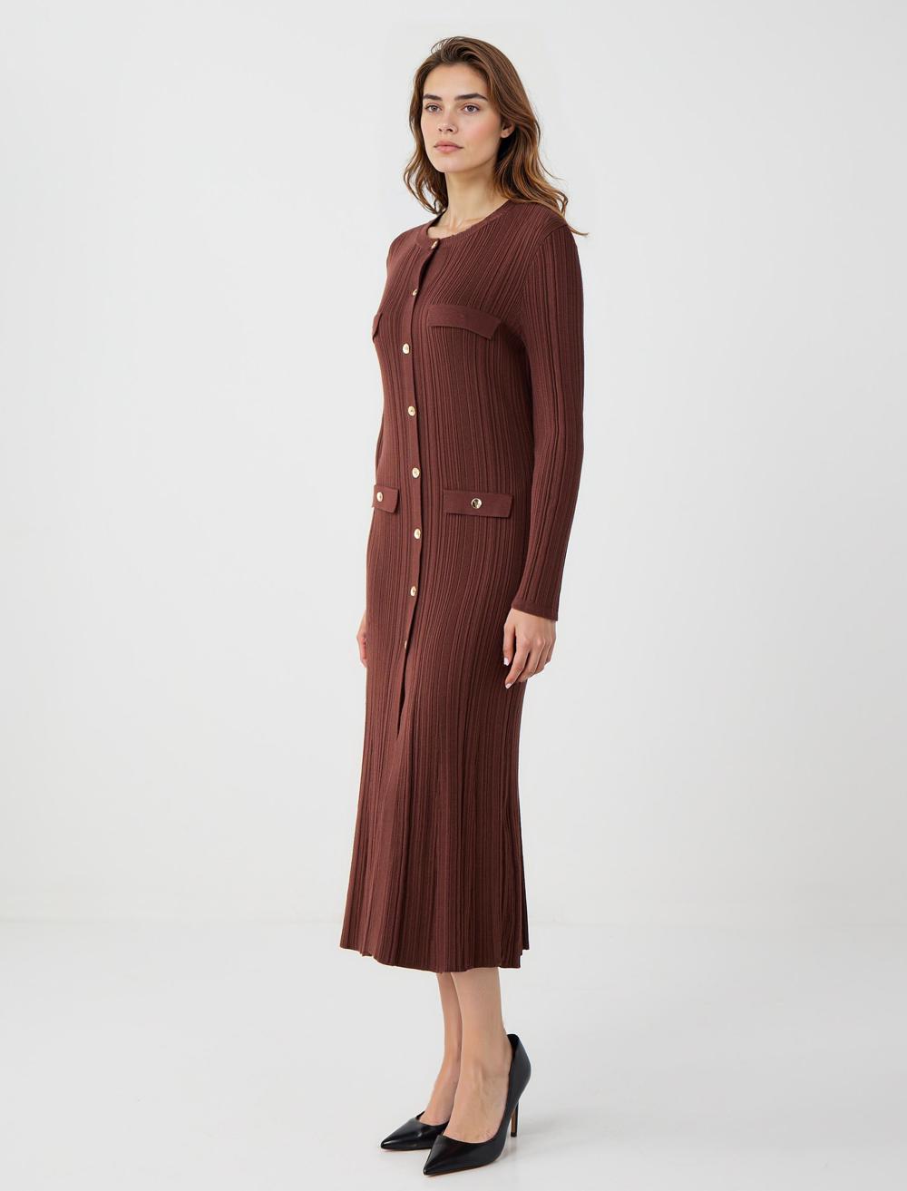 Slim Fit Crew Neck Long-Sleeve Dress - Brown - 5WW065866800