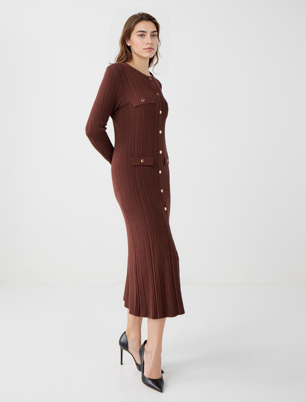 Slim Fit Crew Neck Long-Sleeve Dress - Brown - 5WW065866800