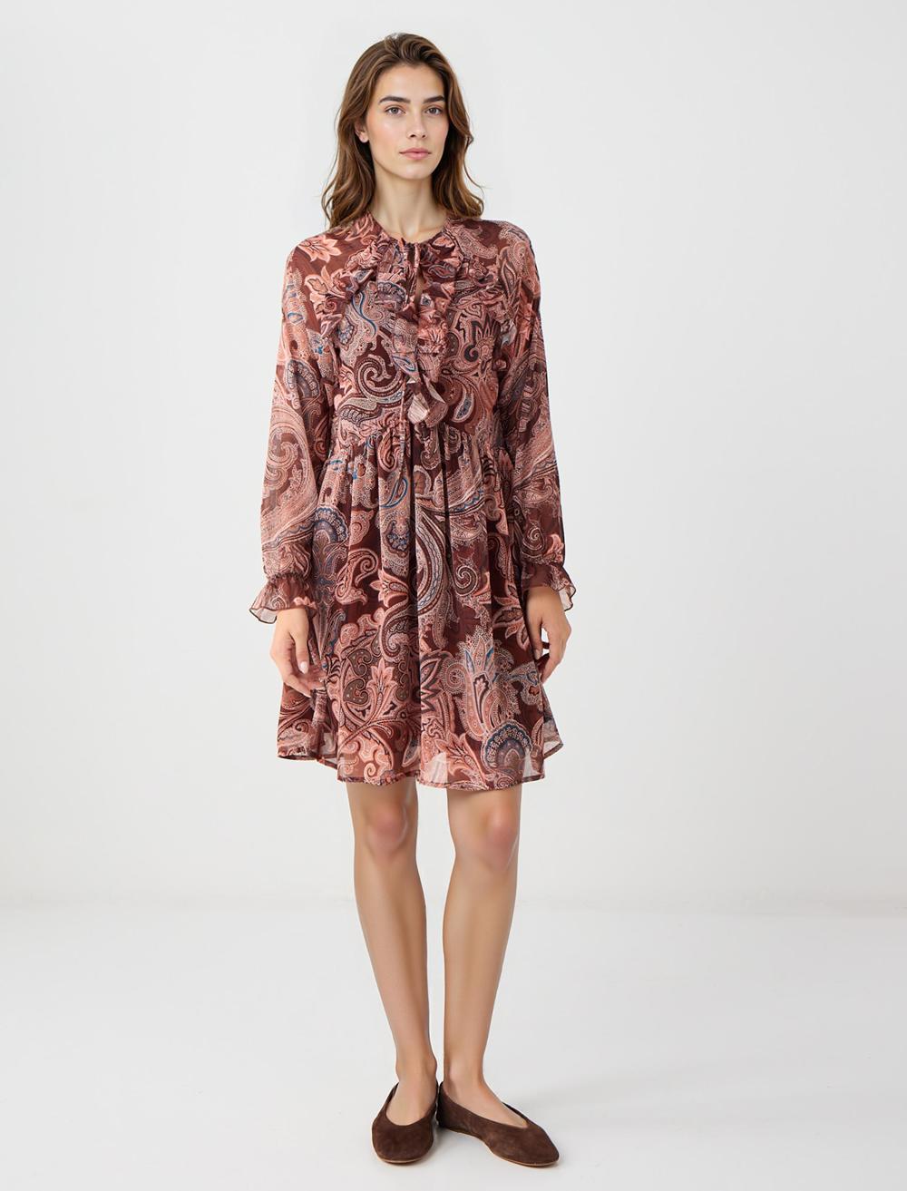 V-Neck Long-Sleeve Dress - Brown - 5WW066005800