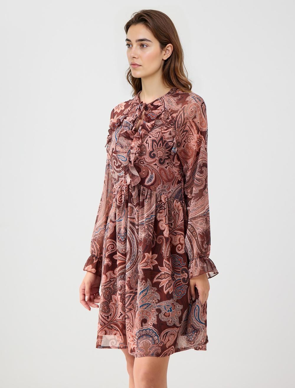 V-Neck Long-Sleeve Dress - Brown - 5WW066005800