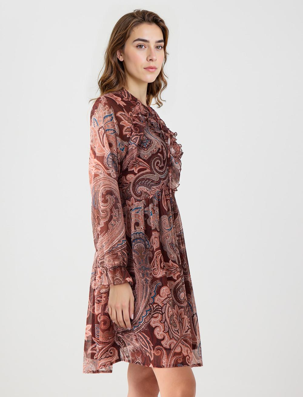 V-Neck Long-Sleeve Dress - Brown - 5WW066005800