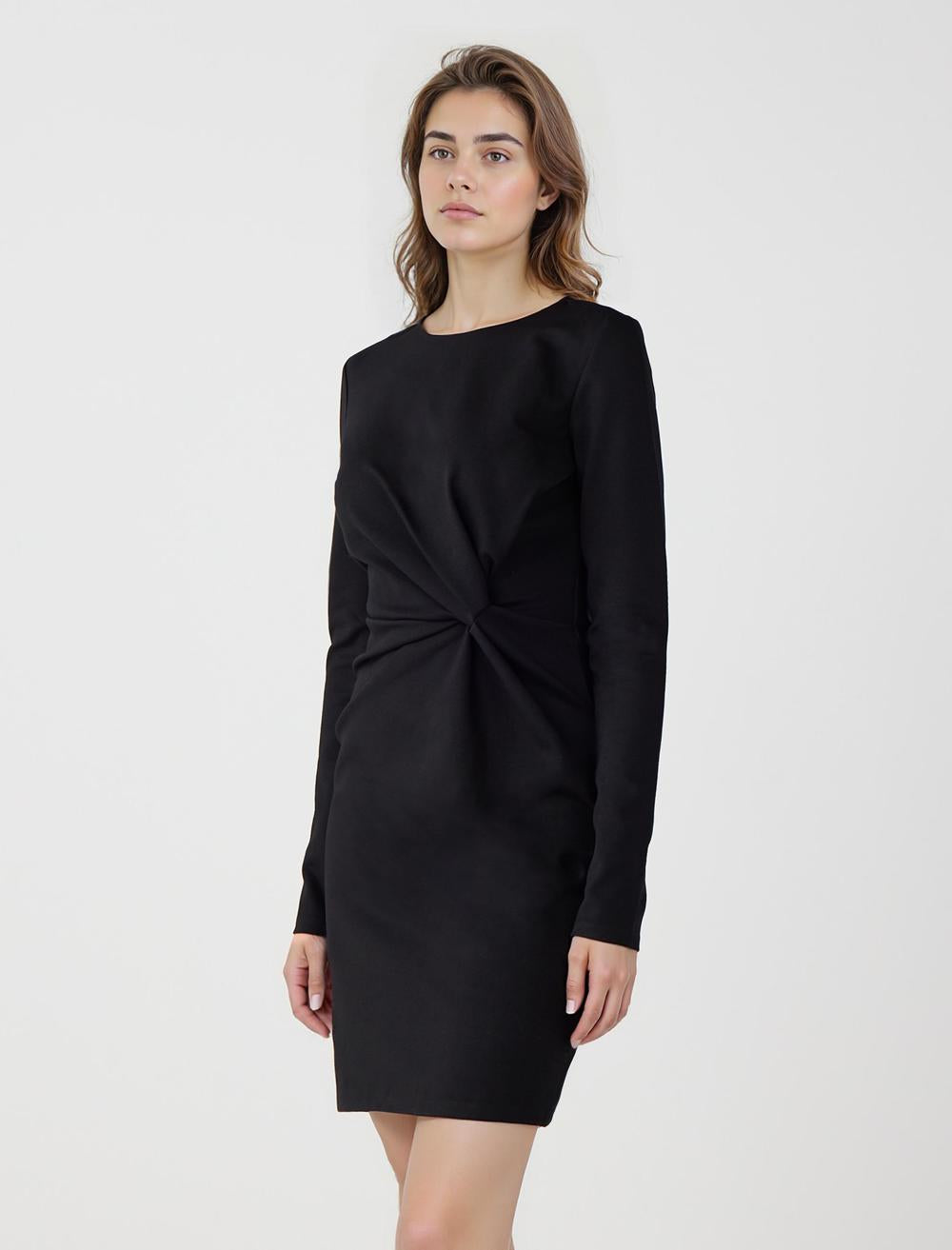 Crew Neck Long-Sleeve Dress - Black - 5WW066072900