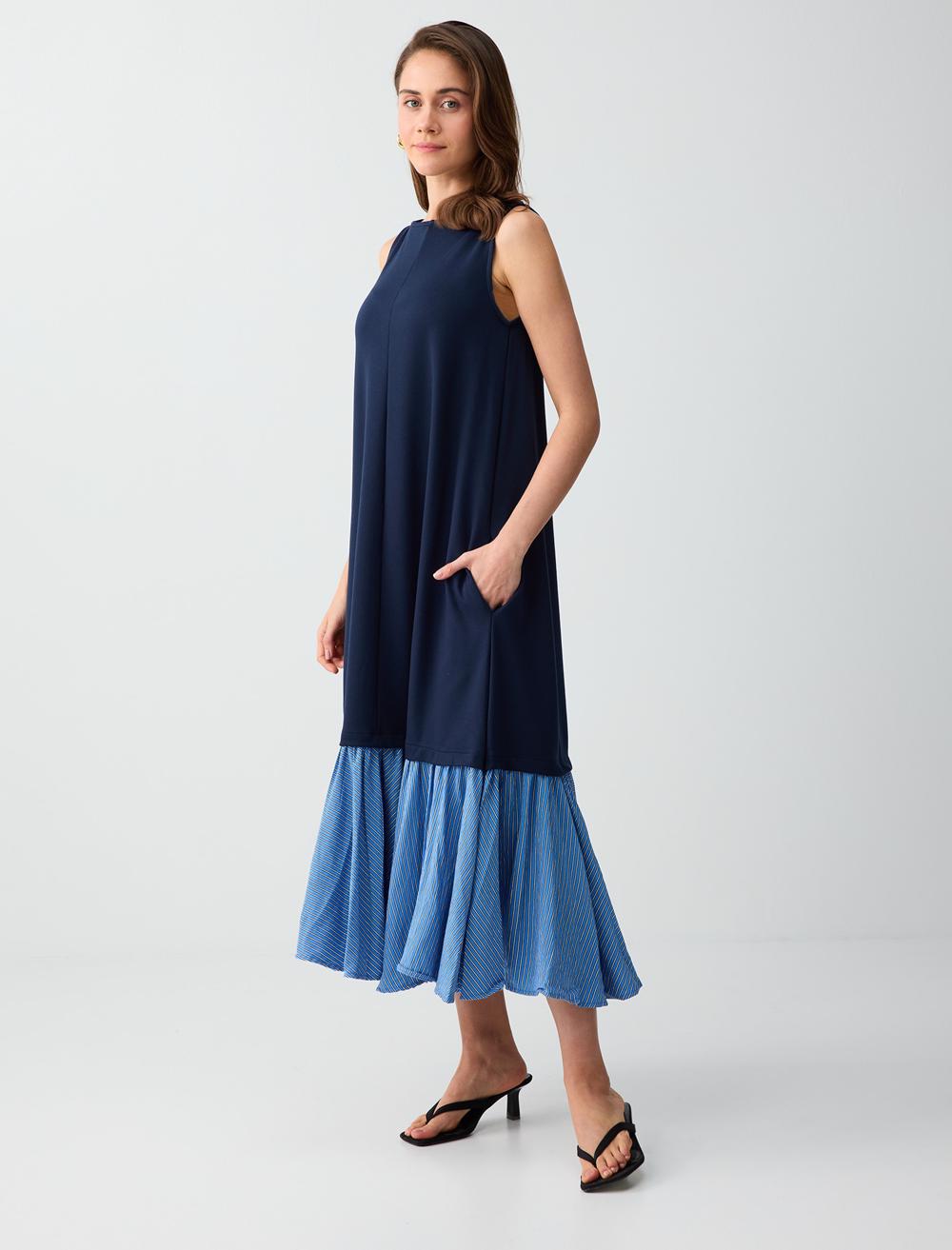 Loose Fit Off-The-Shoulder Dress - Dark Blue - 6SW065588494