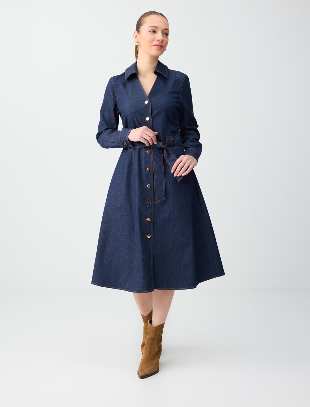 Ls Midi Dress Slim Fit Denim - Koyu İndi̇go Mavi̇