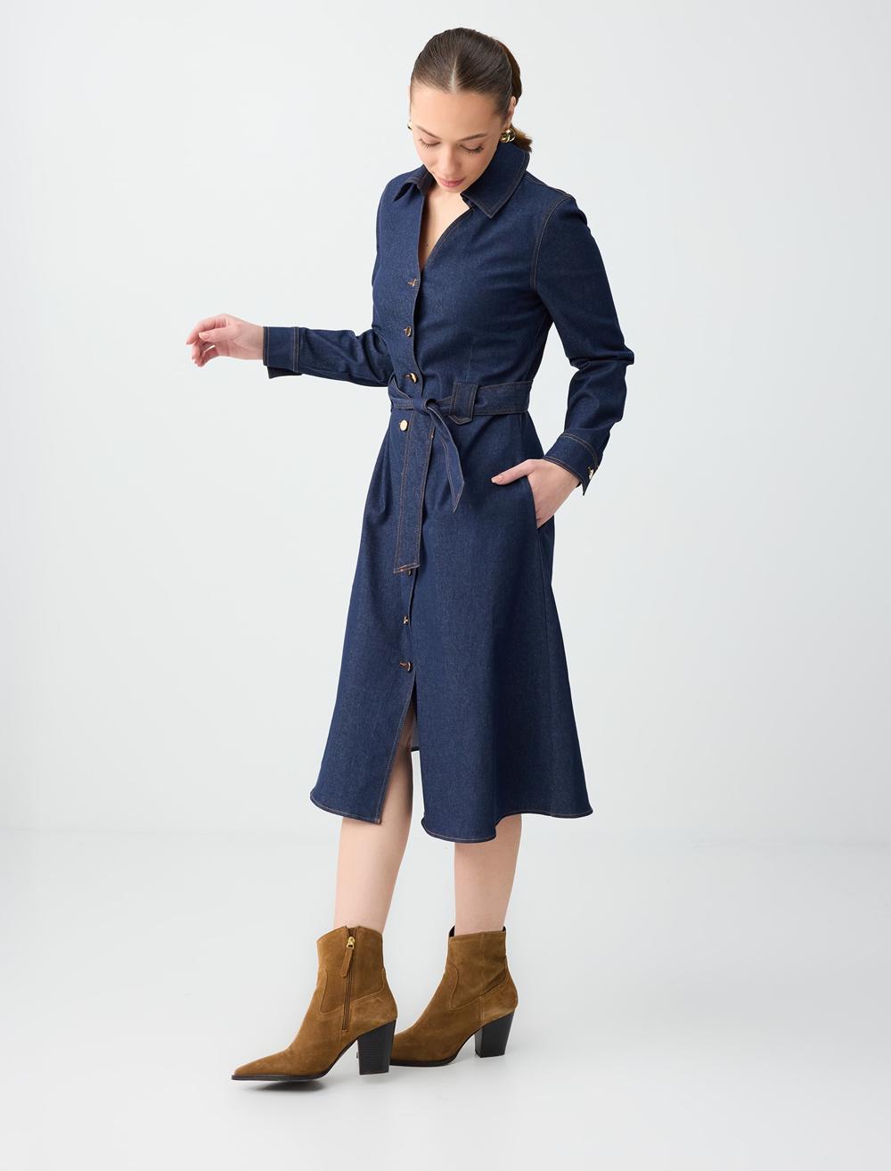 Ls Midi Dress Slim Fit Denim - Koyu İndi̇go Mavi̇