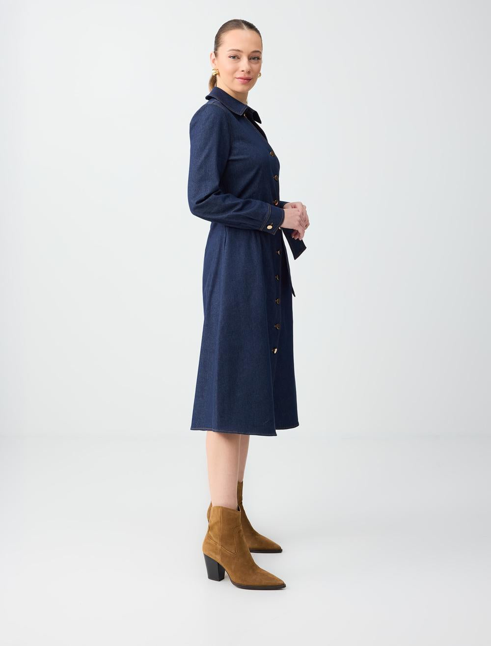 Ls Midi Dress Slim Fit Denim - Koyu İndi̇go Mavi̇