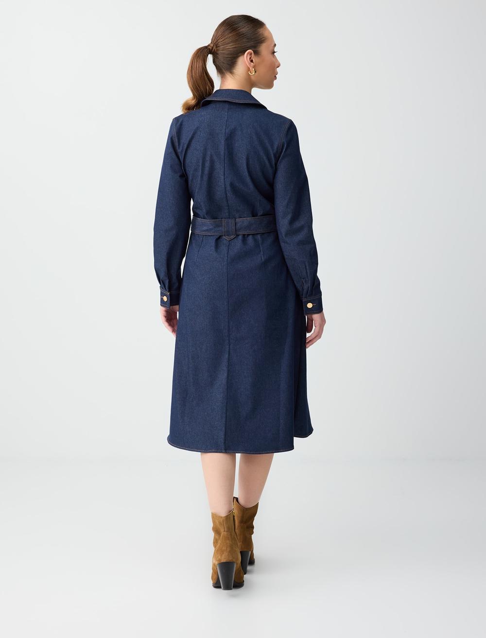 Ls Midi Dress Slim Fit Denim - Koyu İndi̇go Mavi̇