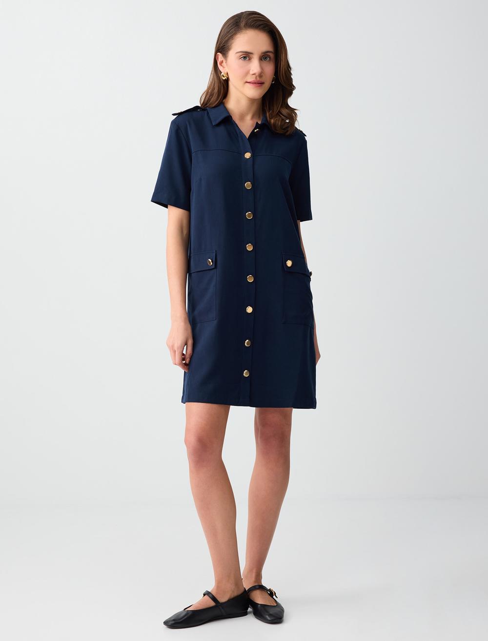 Normal Fit Shirt Collar Short Sleeve Dress - Dark Blue - 6SW065623494