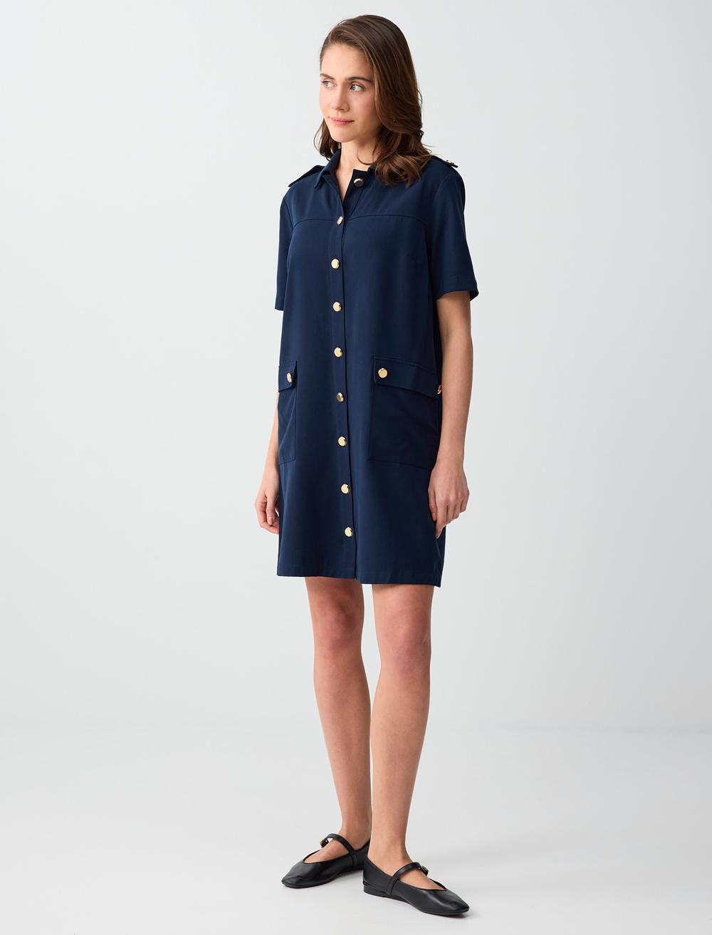 Normal Fit Shirt Collar Short Sleeve Dress - Dark Blue - 6SW065623494