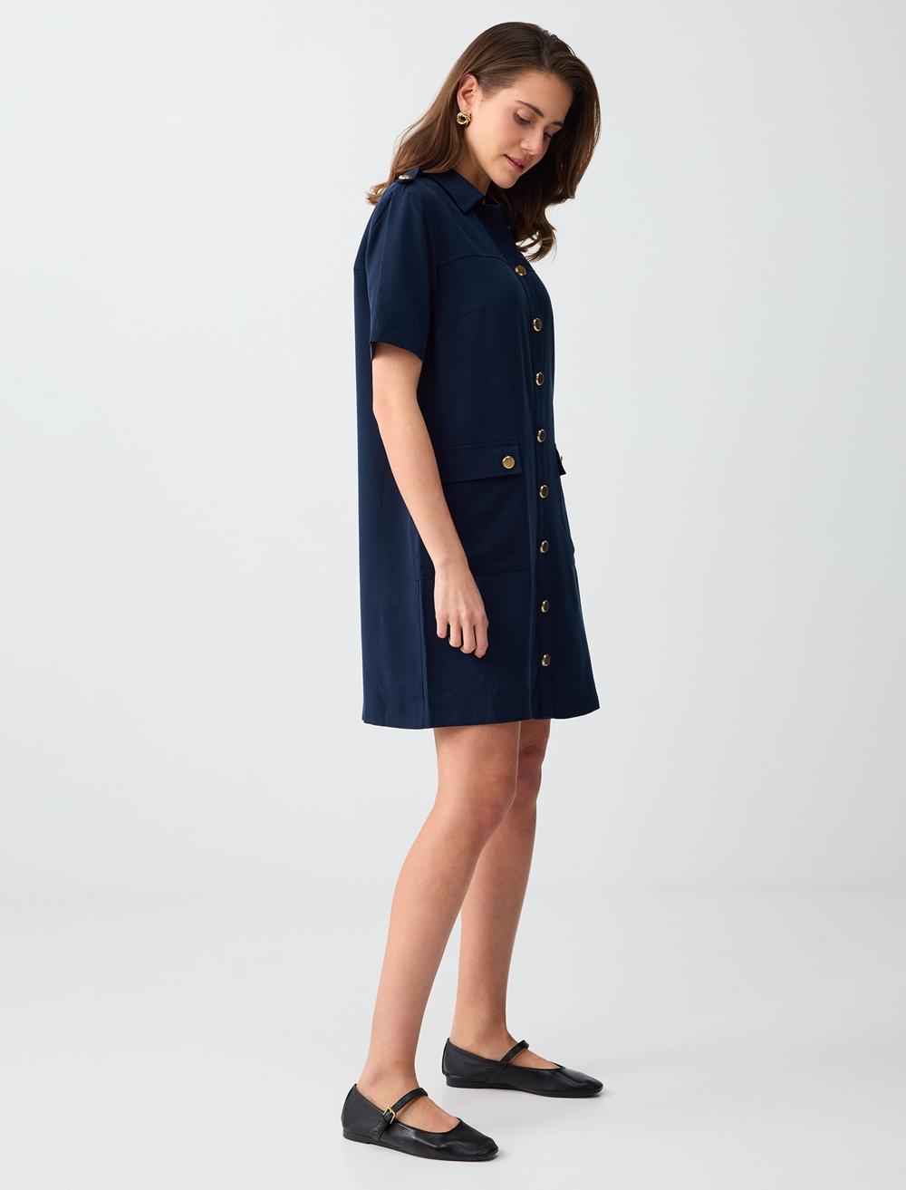 Normal Fit Shirt Collar Short Sleeve Dress - Dark Blue - 6SW065623494