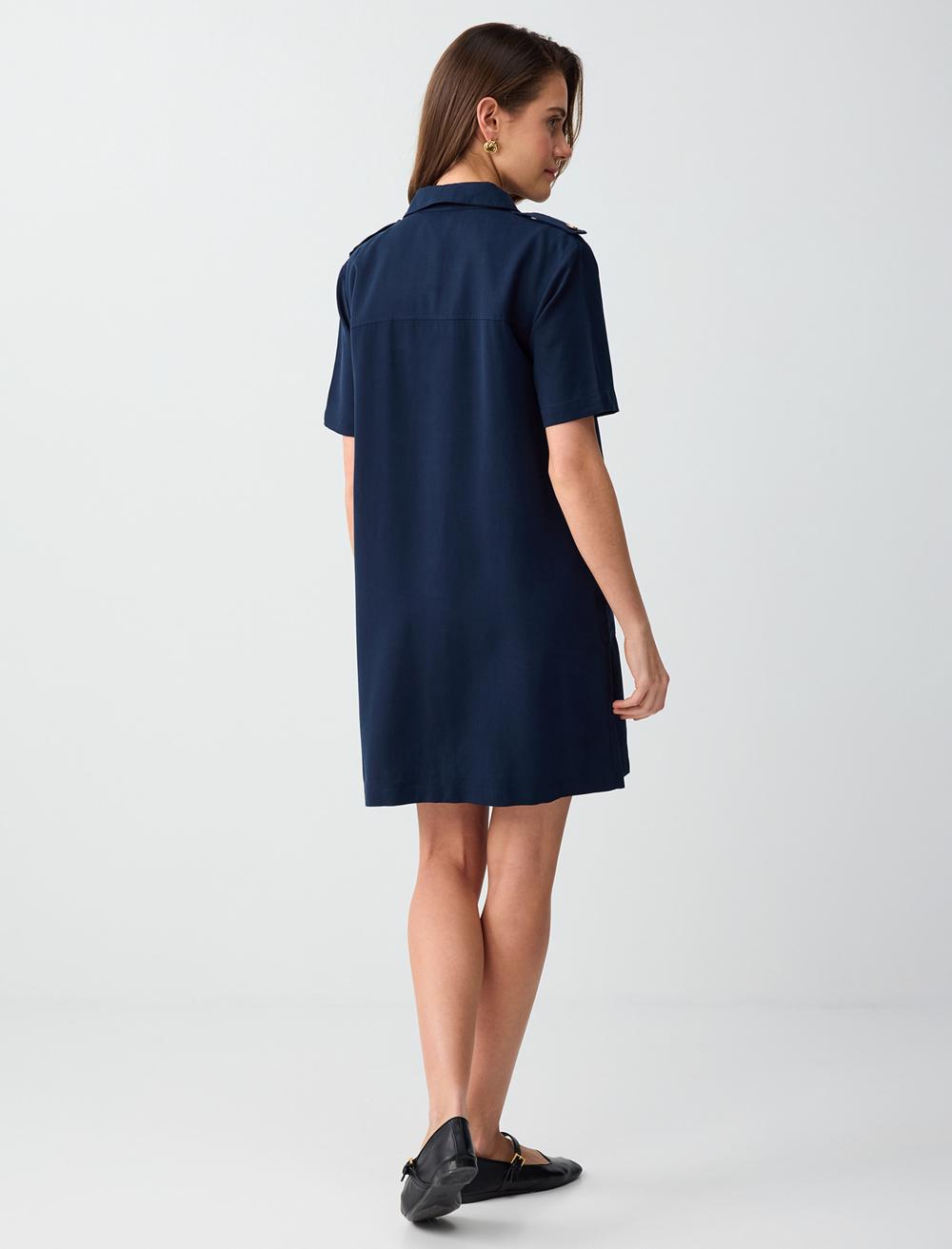 Normal Fit Shirt Collar Short Sleeve Dress - Dark Blue - 6SW065623494