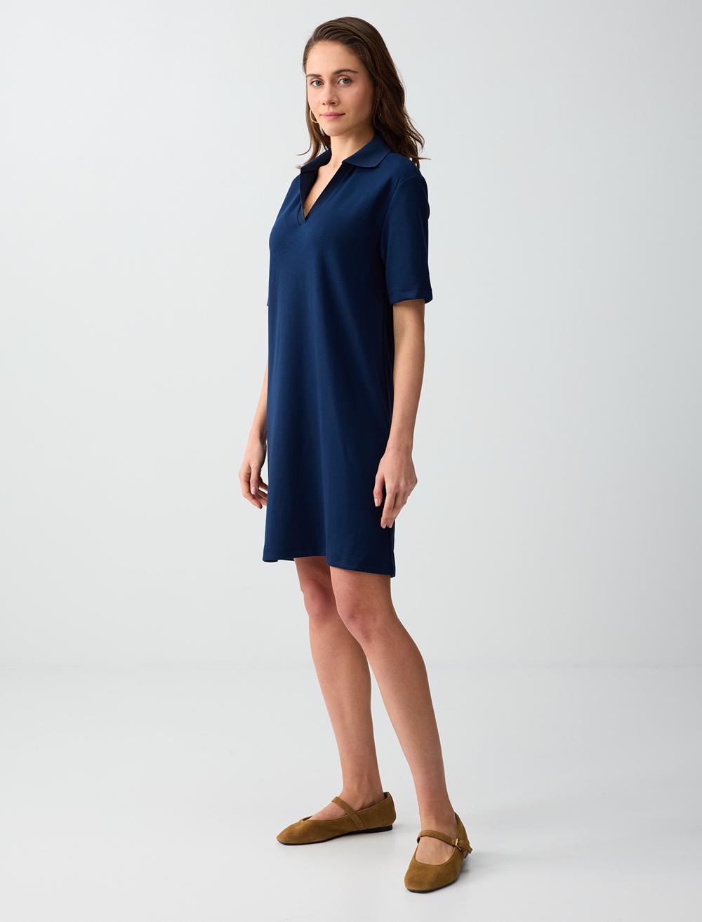 Normal Fit Polo Shirt Short Sleeve Dress - Dark Blue - 6SW066642494