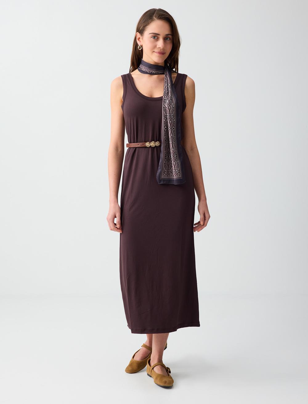 Normal Fit Scoop Neck Spaghetti Strap Dress - Brown - 6SW066647803