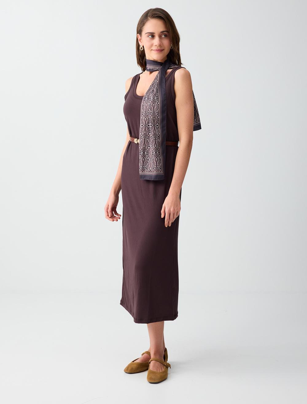 Normal Fit Scoop Neck Spaghetti Strap Dress - Brown - 6SW066647803