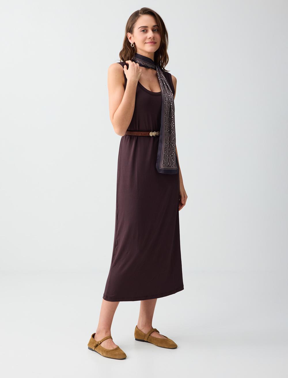 Normal Fit Scoop Neck Spaghetti Strap Dress - Brown - 6SW066647803