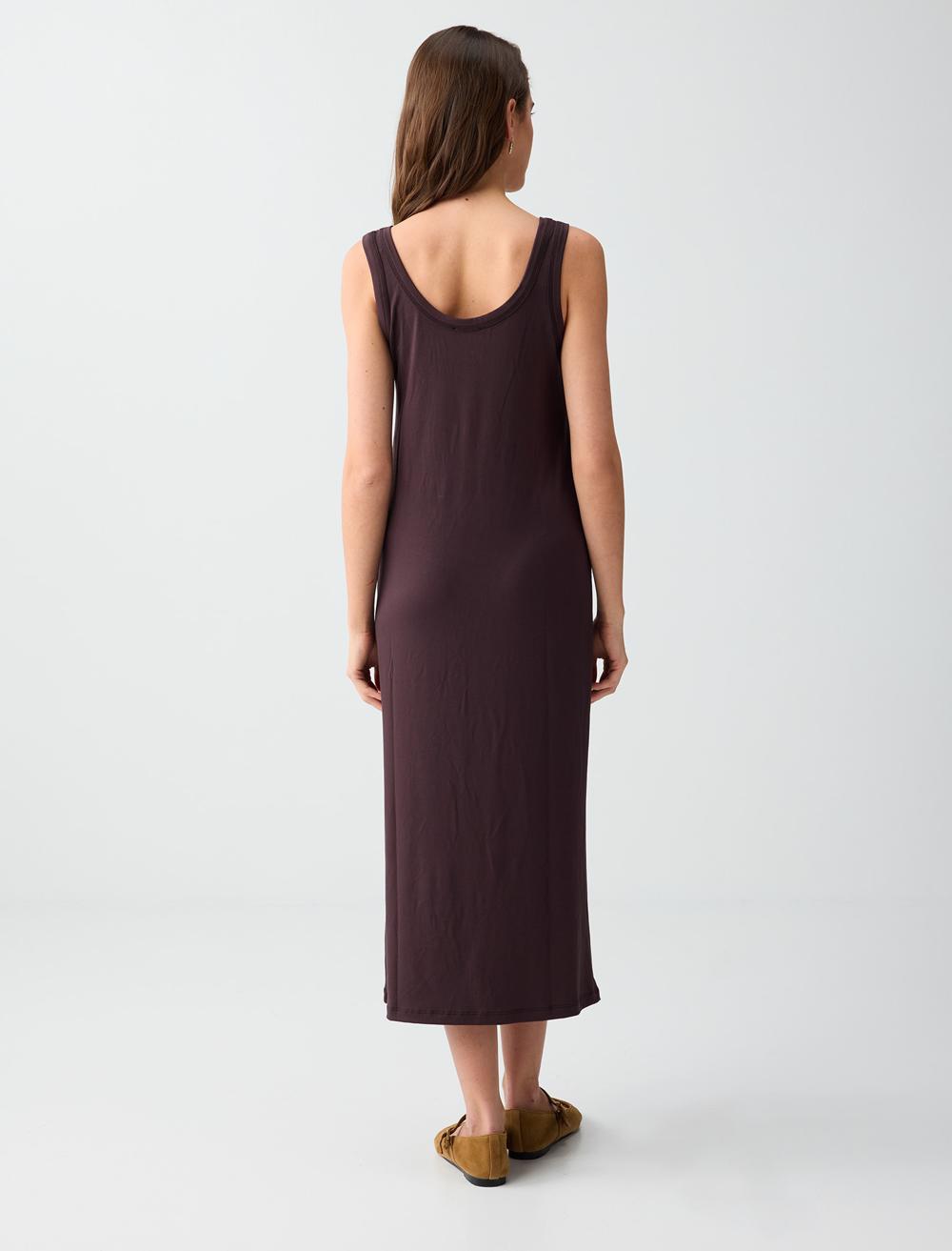 Normal Fit Scoop Neck Spaghetti Strap Dress - Brown - 6SW066647803