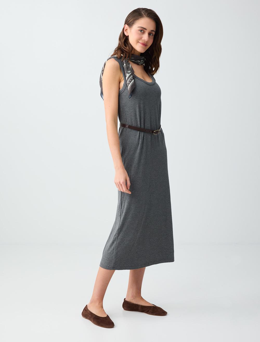 Normal Fit Scoop Neck Spaghetti Strap Dress - Grey - 6SW066647972