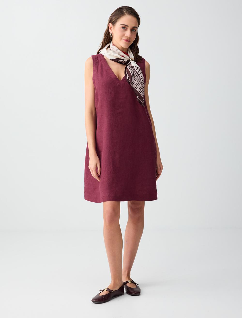 Loose Fit V-Neck Dress - Burgundy - 6SW066650562