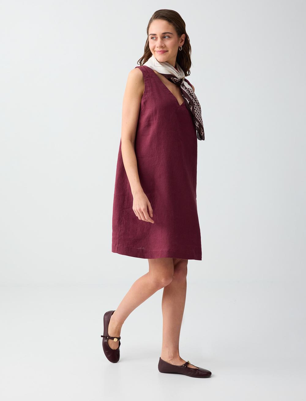 Loose Fit V-Neck Dress - Burgundy - 6SW066650562