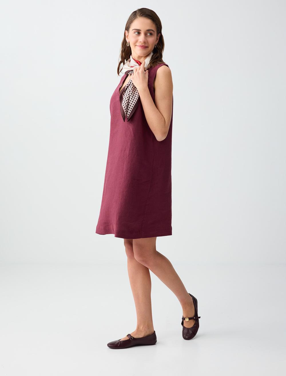 Loose Fit V-Neck Dress - Burgundy - 6SW066650562
