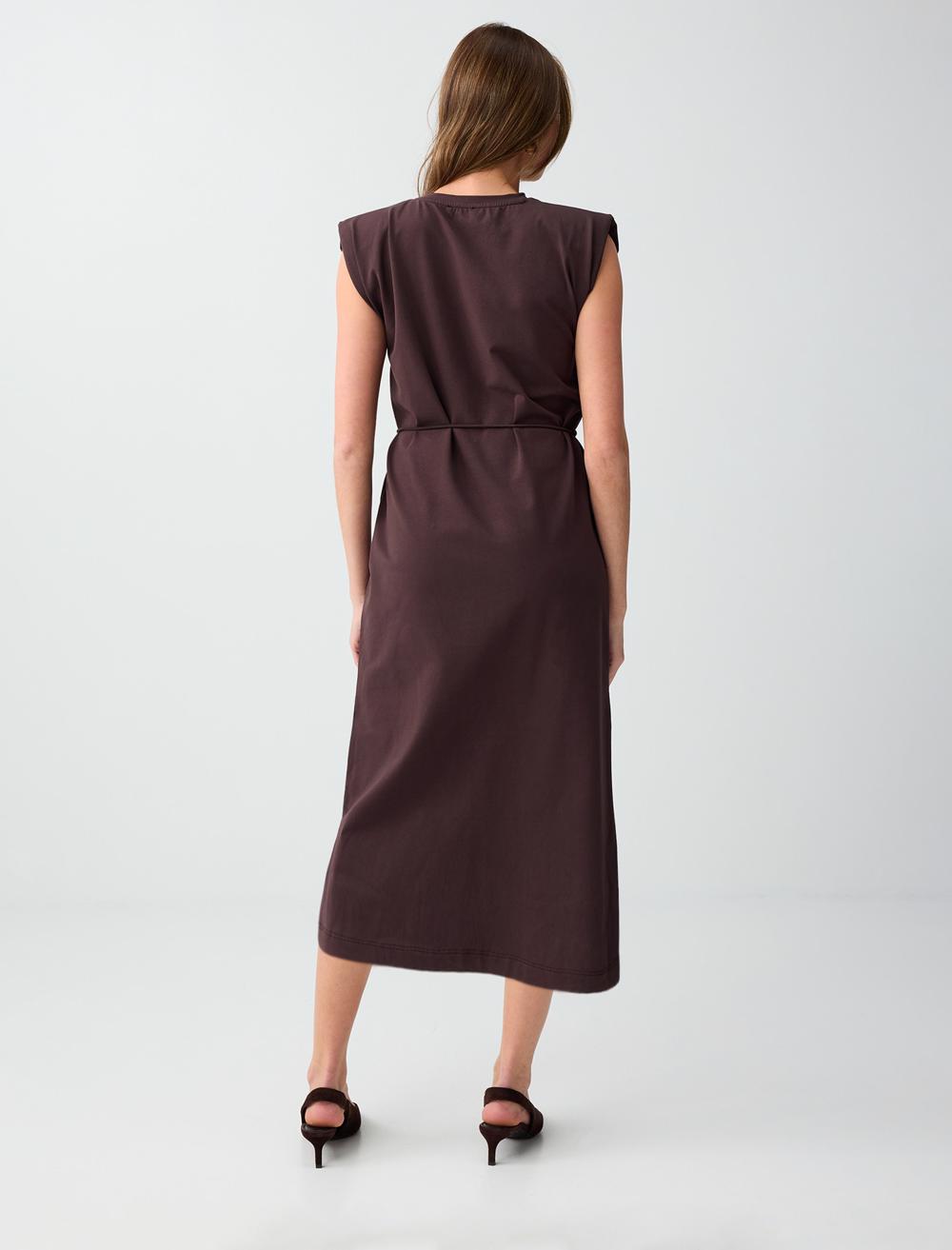 Normal Fit Crew Neck Sleeveless Dress - Bitter Brown - 6SW066800803
