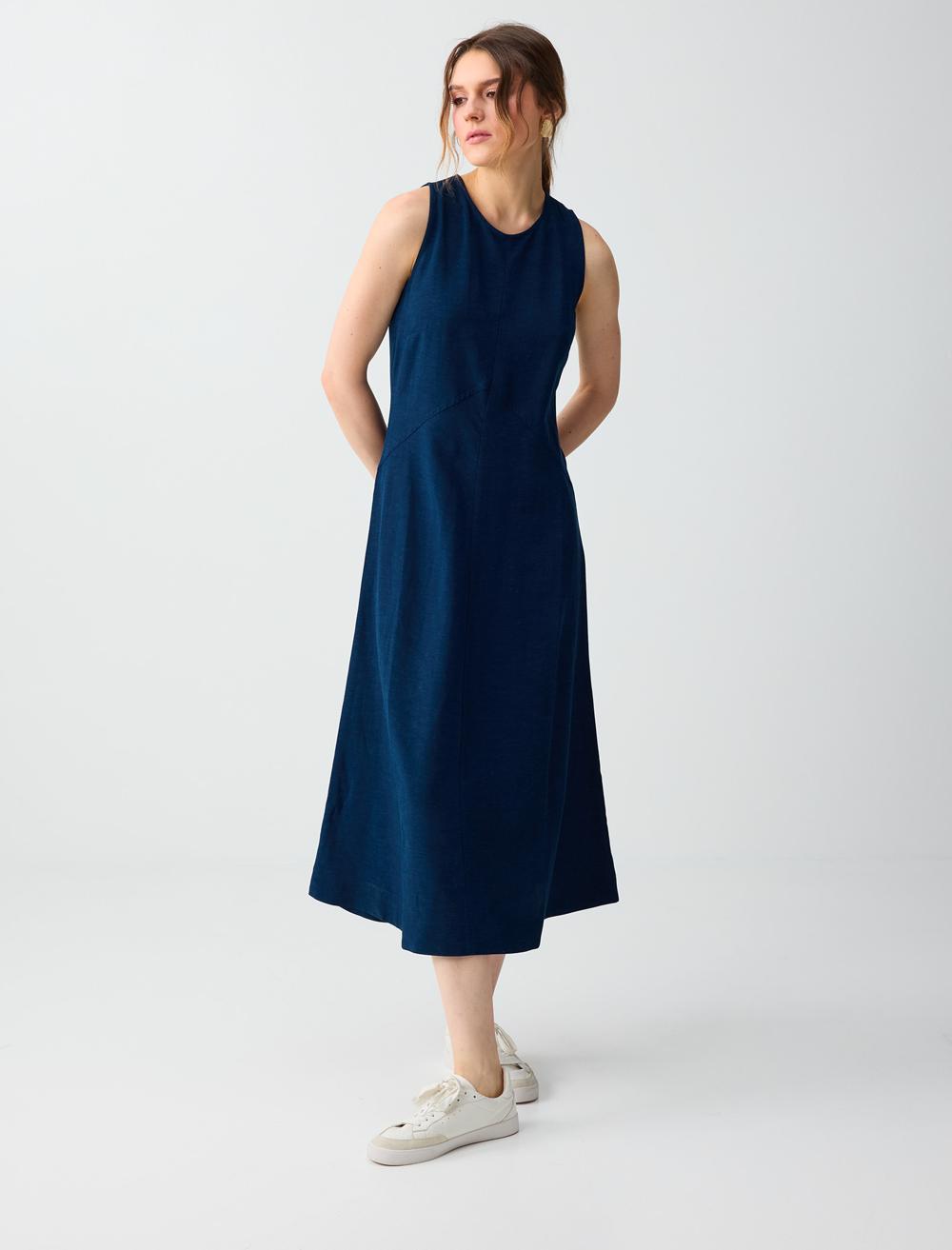 Loose Fit Crew Neck Dress - Dark Blue - 6SW066804494