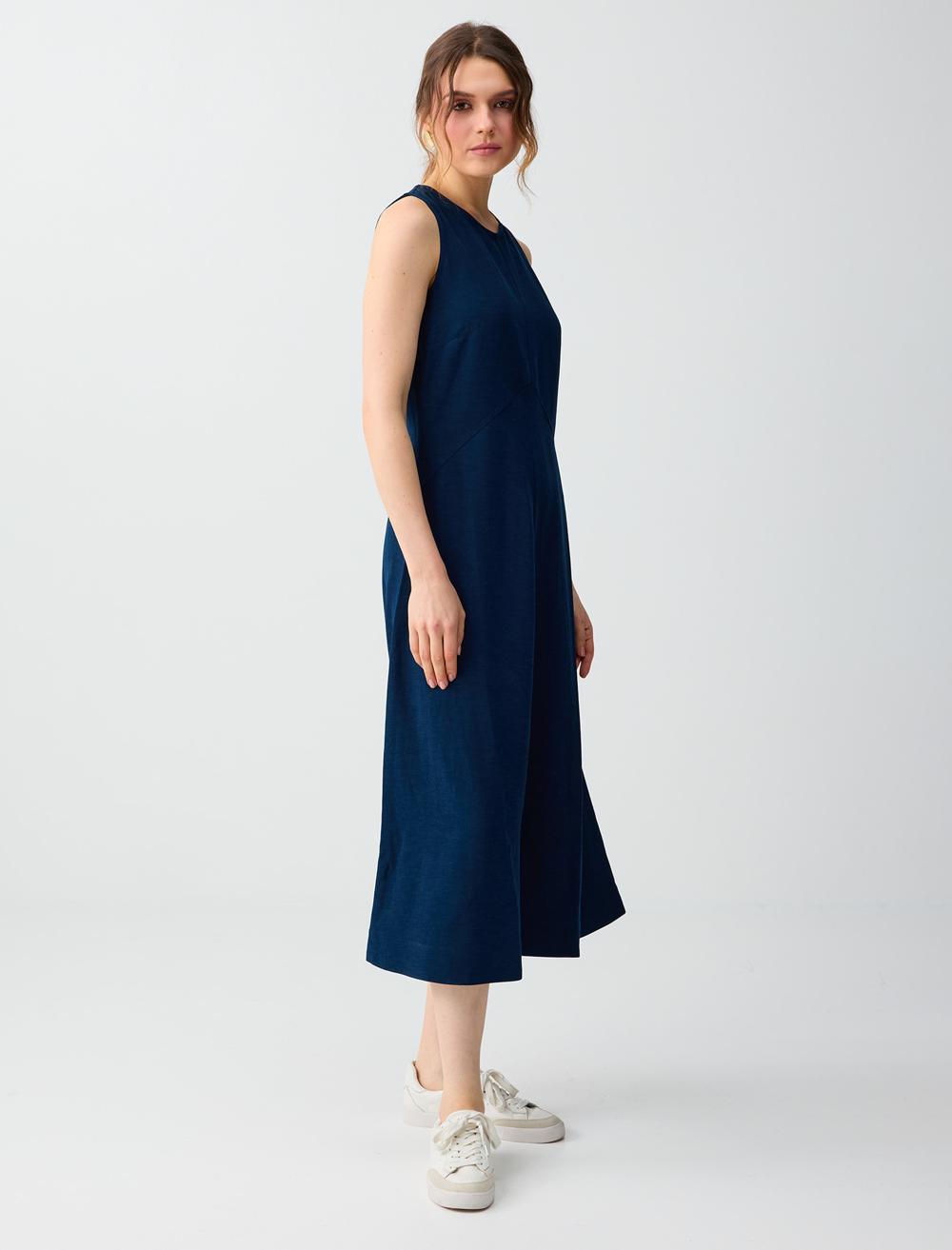 Loose Fit Crew Neck Dress - Dark Blue - 6SW066804494